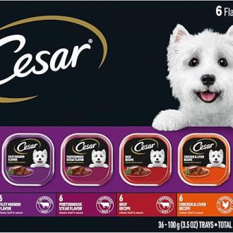 Cesar Wet Dog Food Variety Pack (36 Count, 3.5 oz Trays) - Grilled Chicken, Filet Mignon, Porterhouse Steak, Beef, Chicken & Liver, Turkey - Easy Peel Trays